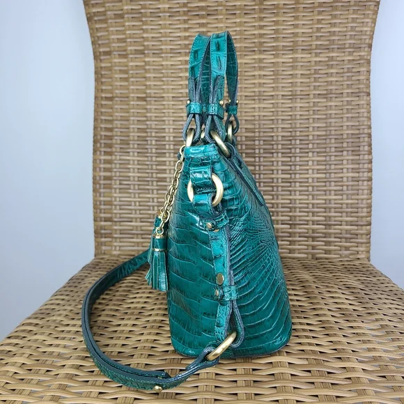 Brahmin Teal Blue Crocodile Embossed Leather Bag Tassel Charm - Picture 5 of 16